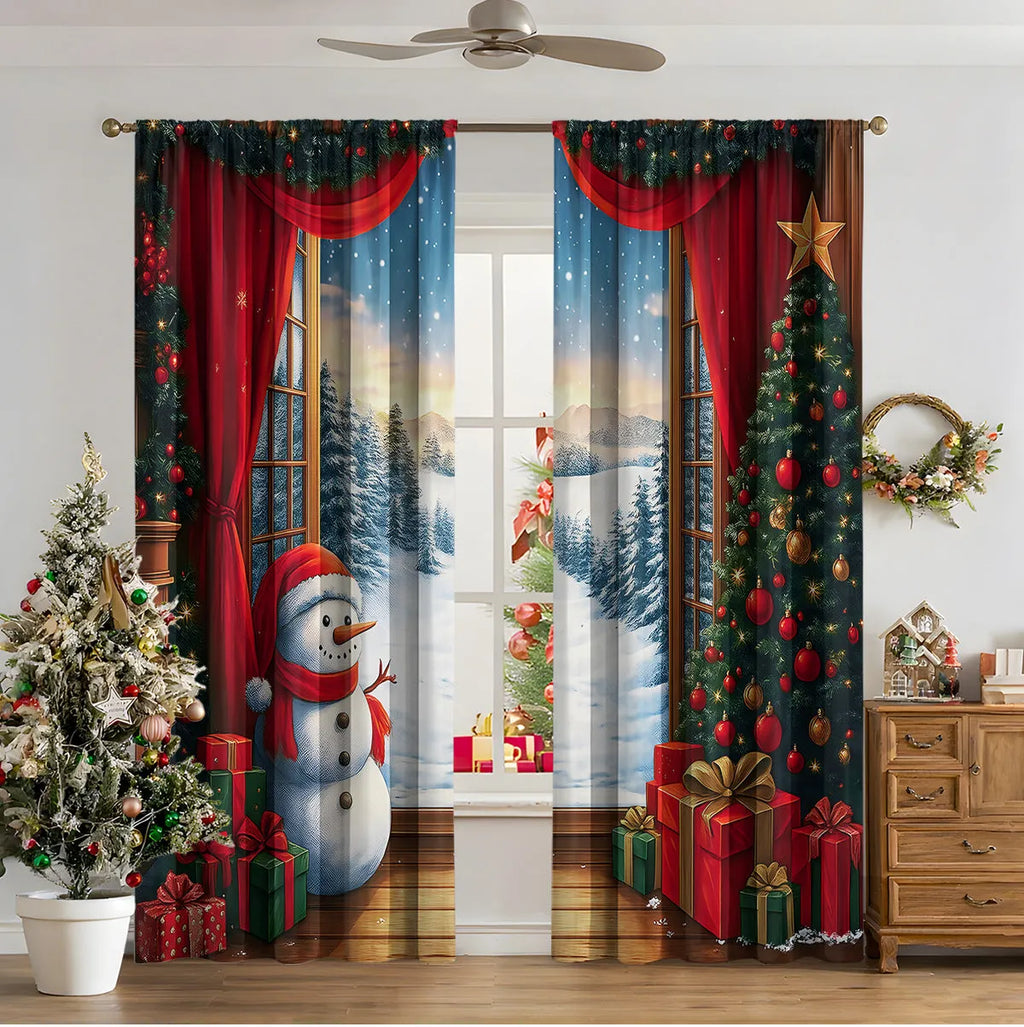 3D digitally printed Christmas blackout curtain with modern pattern hanging on a window.