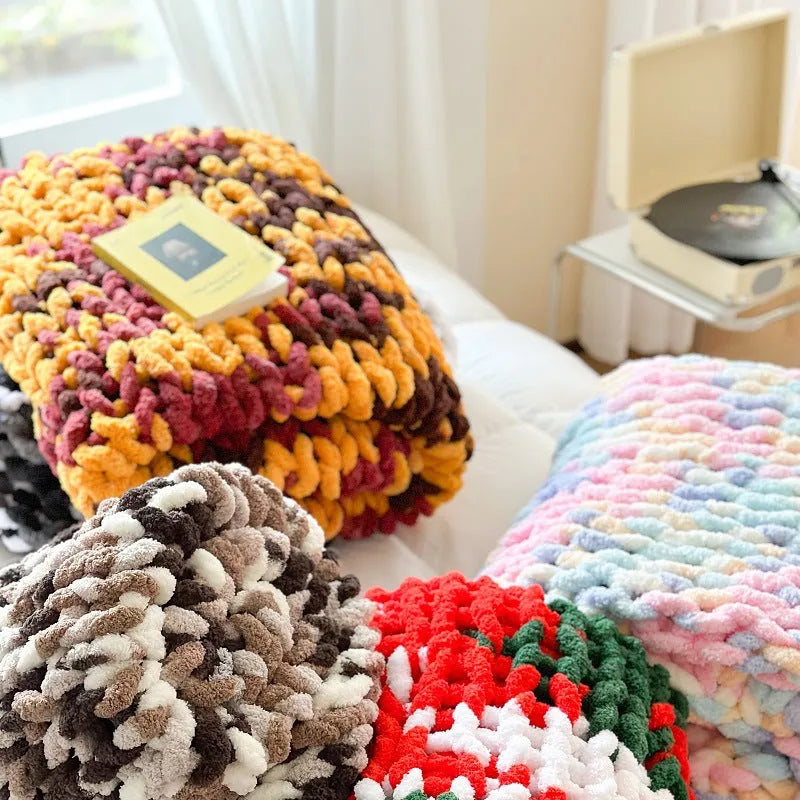 Handmade thick chenille stripe blanket in 130x170cm size shown in caramel mango colour.