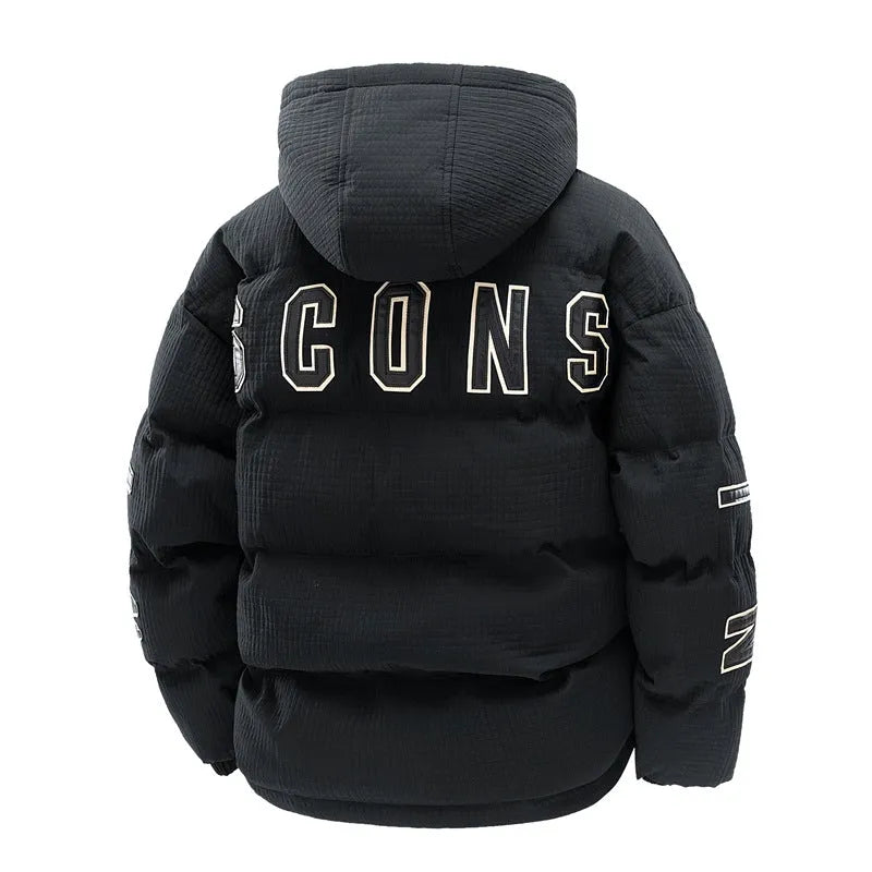 Korean-style men's black hooded padded coat with letter print and side pockets