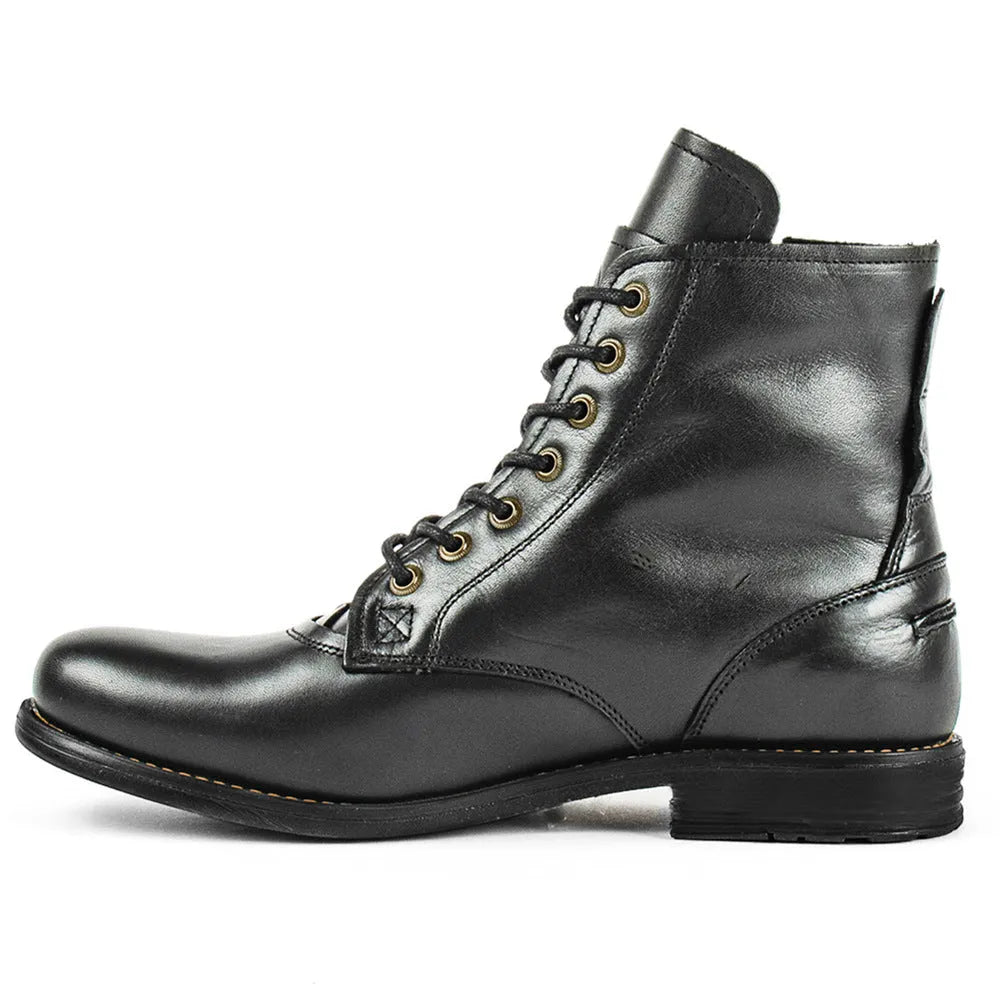 Men's black and brown two-tone leather ankle boots with side zip and low heel.