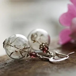 Transparent glass ball earrings with crystal dandelion seed design on silver hook