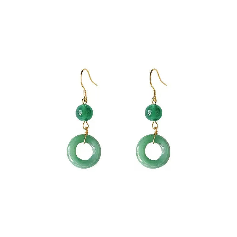 Green jade geometric Chinese style earrings with peace buckle design in 14K gold zinc alloy