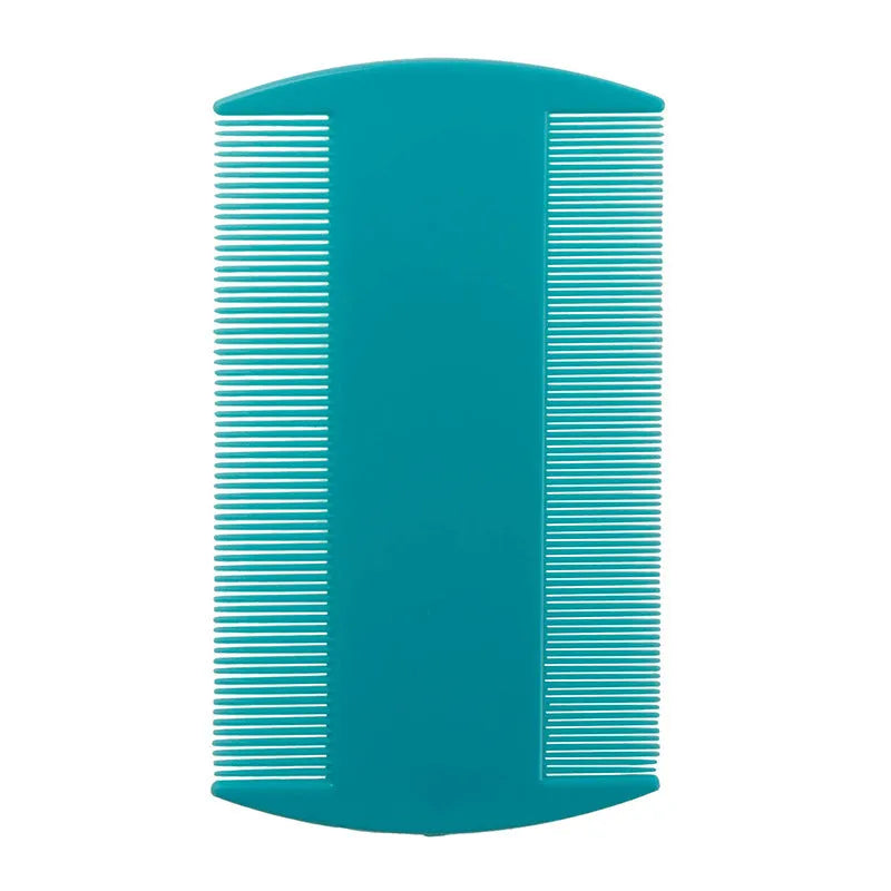 A white double-edged fine-toothed plastic lice comb on a blue surface, showing its 8cm length.