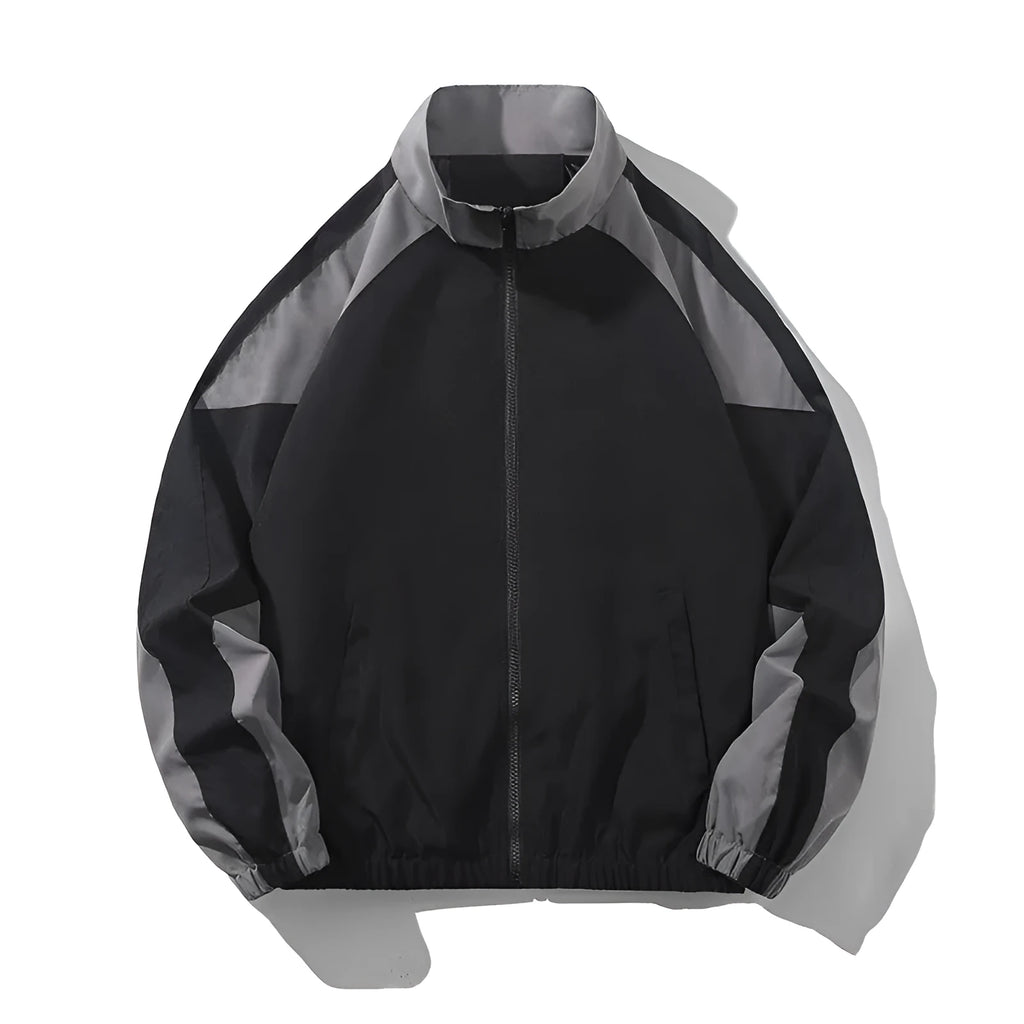 Men's casual jacket with contrast stitching design in black colour showing side pockets and regular sleeve construction