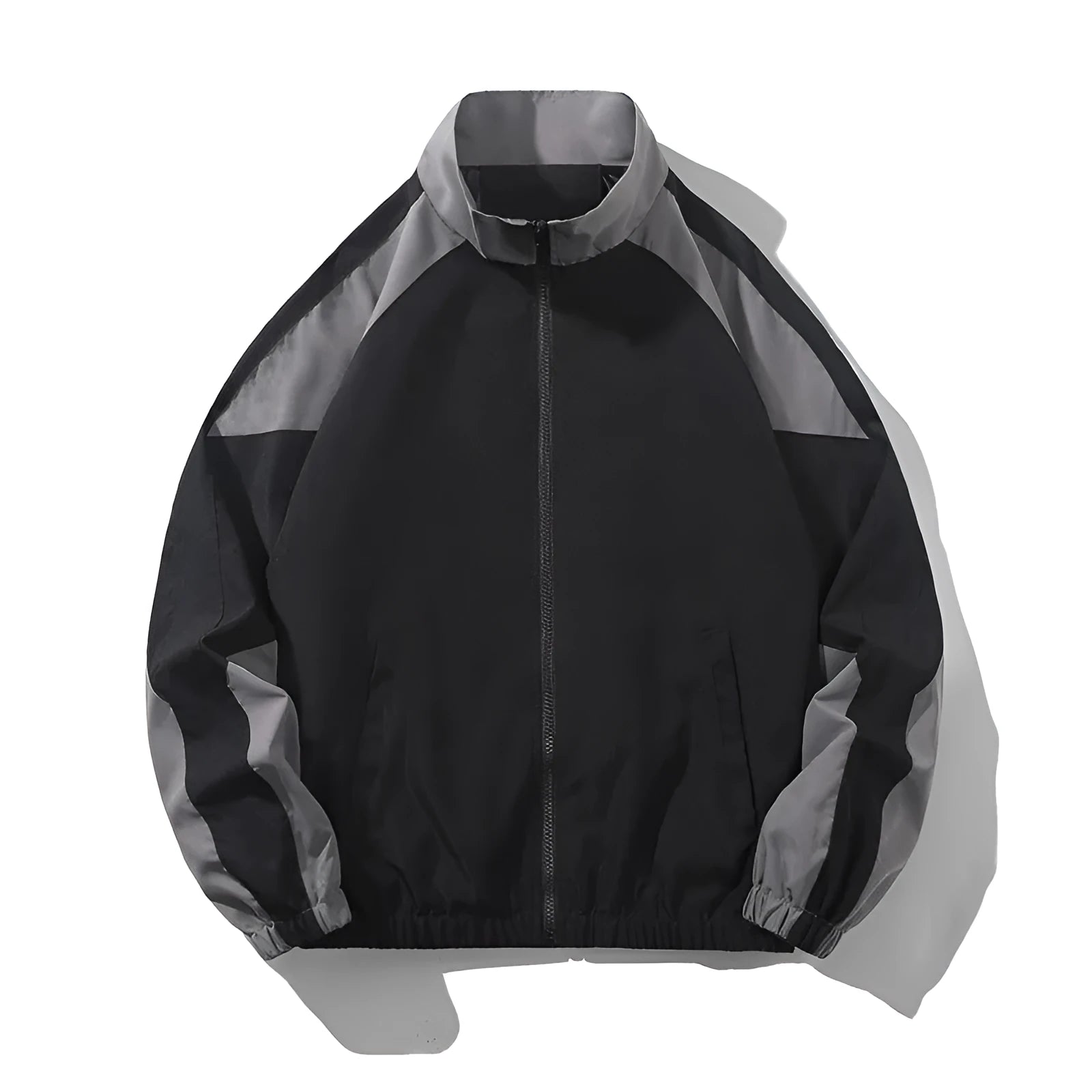 Men's casual jacket with contrast stitching design in black colour showing side pockets and regular sleeve construction