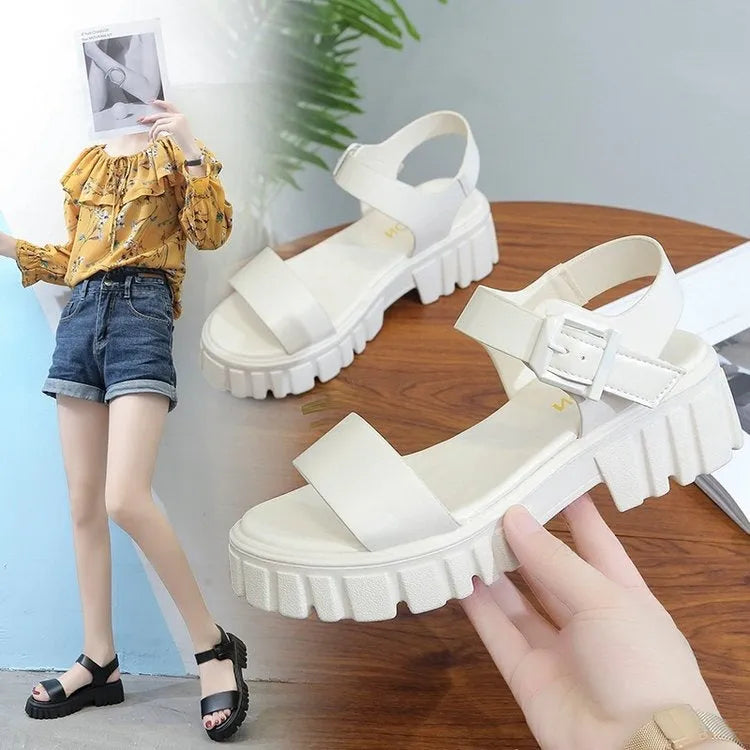 Women's beige PU platform sandals with peep toe, fish mouth design, and adjustable ankle-strap buckle