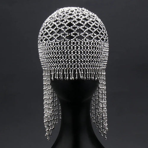 Handmade alloy belly dance hair ornament with mesh tile and tassels in silver or black