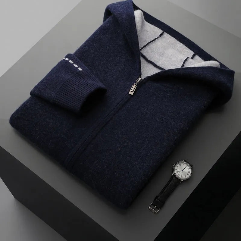 Men's dark blue cashmere cardigan sweater with half-high collar and full-length zipper