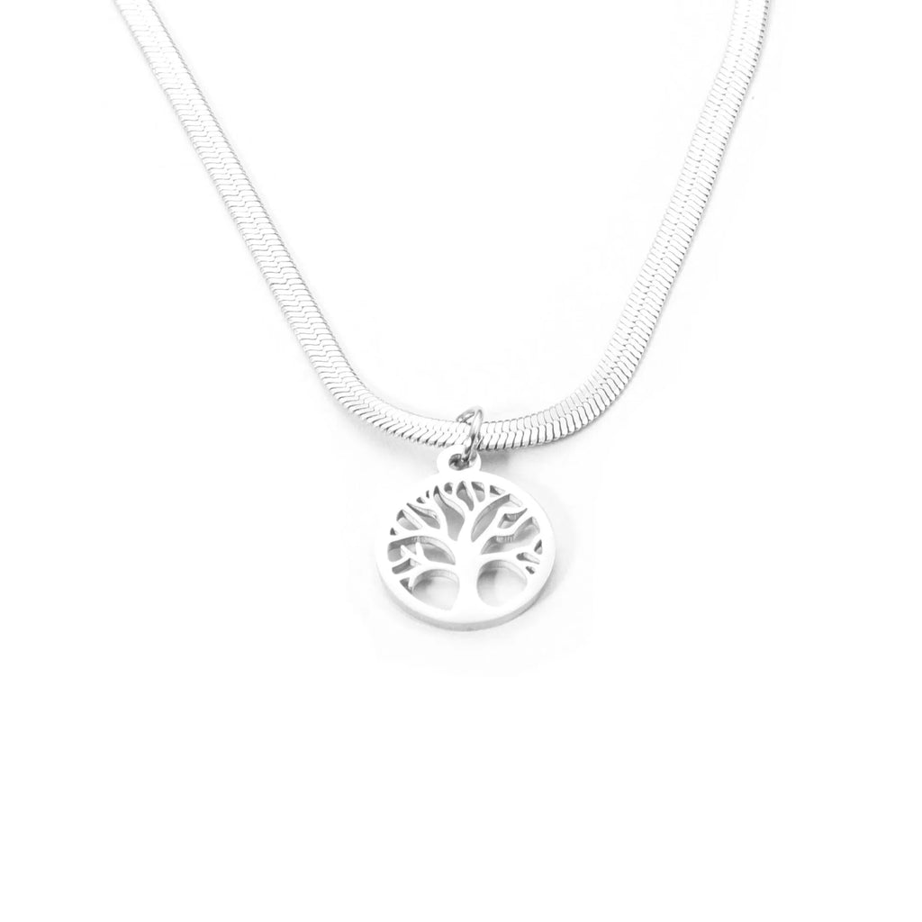 Stainless steel necklace with lucky tree pendant on a textured snake bones chain.