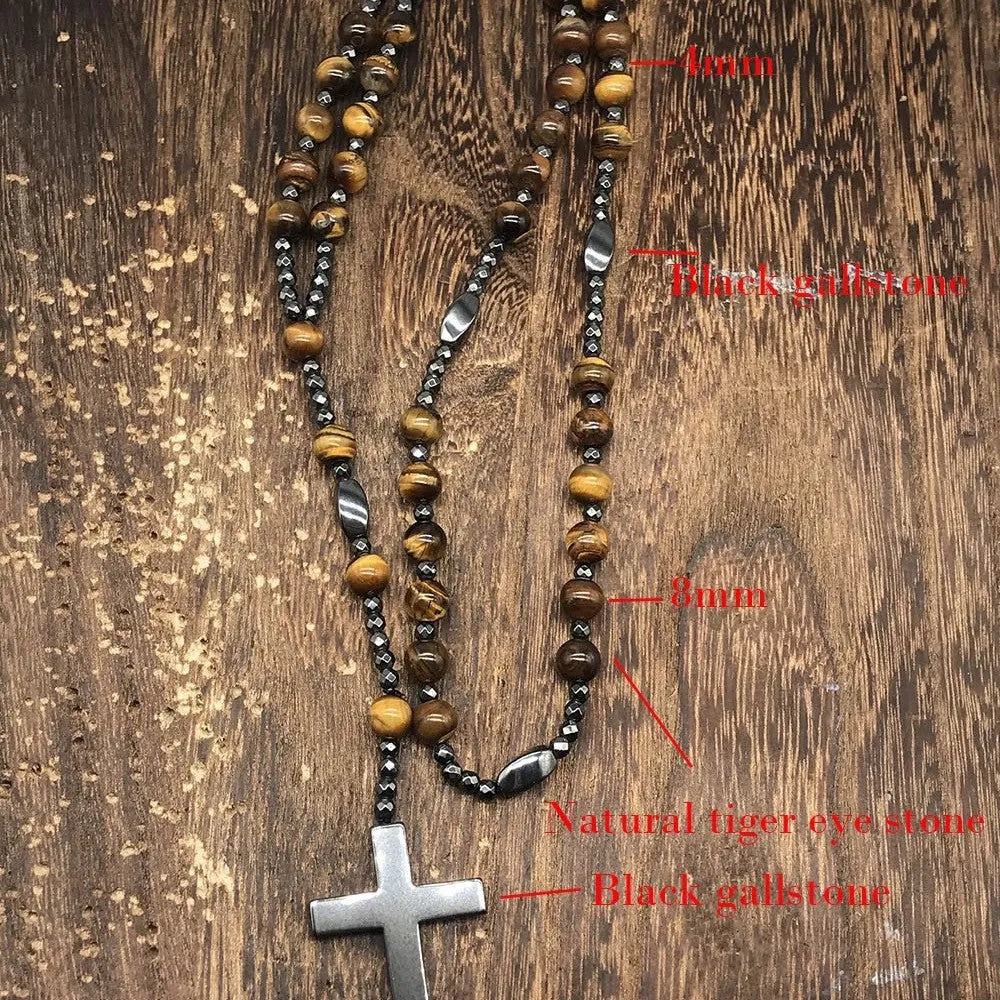 Hand-woven stone cross pendant necklace on ball bead chain with safety lock clasp