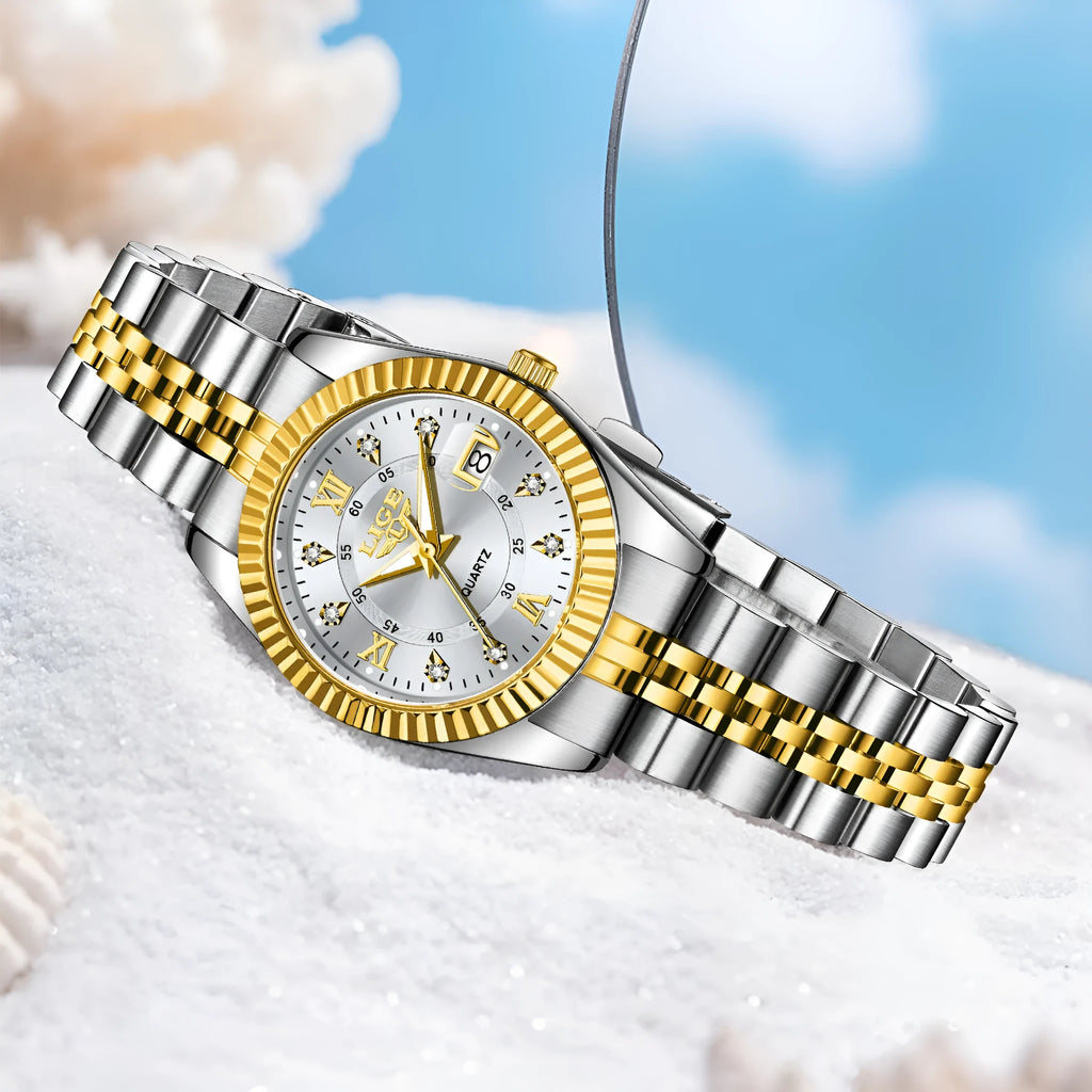 Gold and silver waterproof quartz watch for women with a 10mm thick case on a wrist.