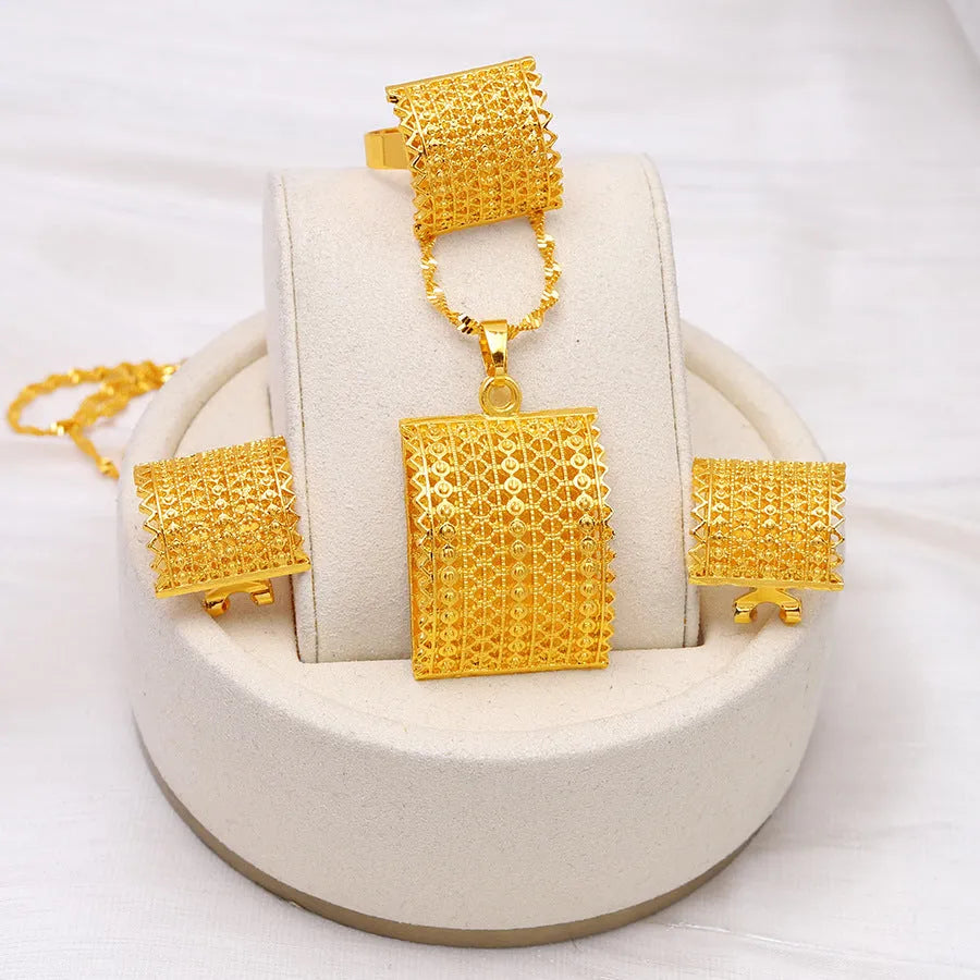 Gold-coloured bridal jewellery set with copper necklace, earrings, and ring for wedding occasions