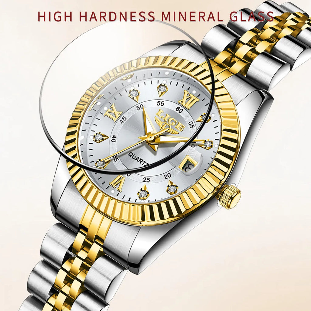 Gold and silver waterproof quartz watch for women with a 10mm thick case on a wrist.