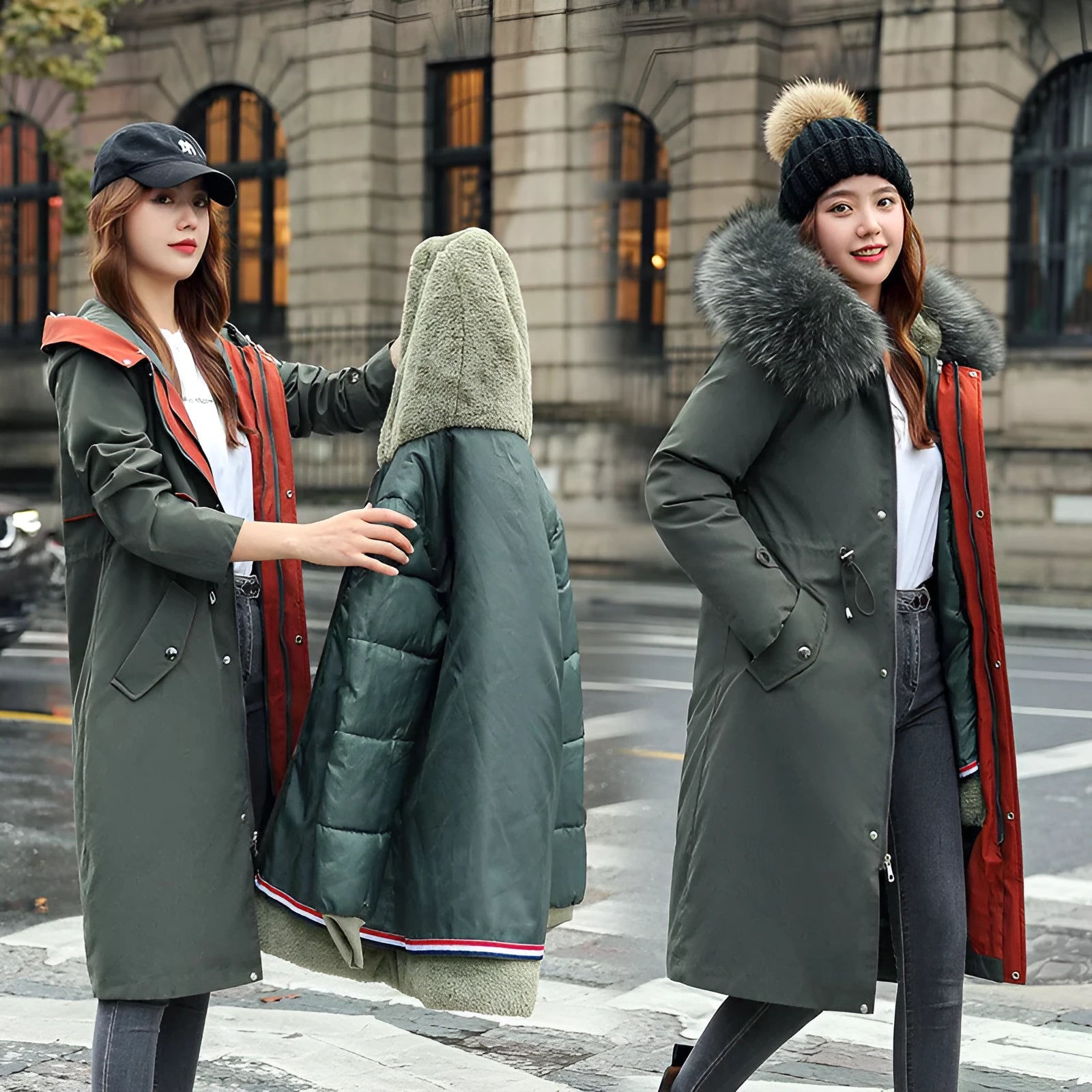 Women's long beige trench coat with a 100cm length, down cotton filler, and long sleeves shown in an elegant style.