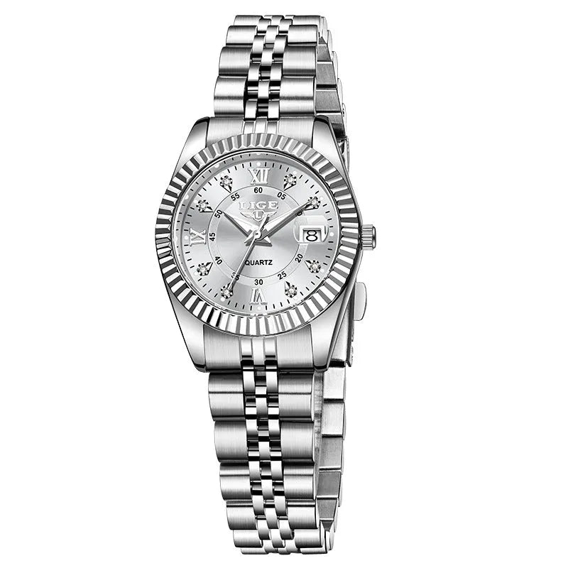 Waterproof fashion quartz watch for women with gold and silver colour options and 10mm thickness.
