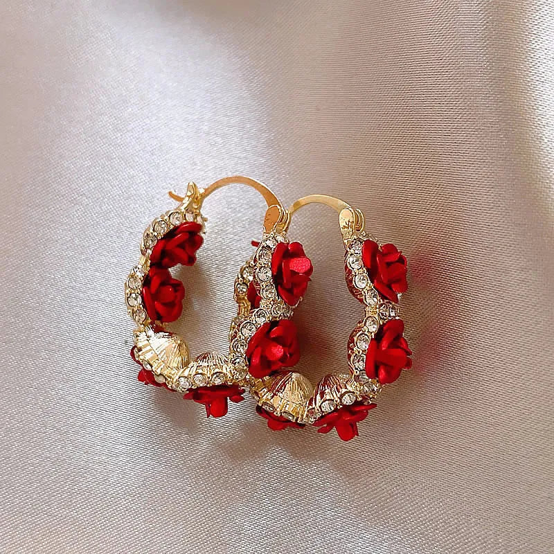 Red alloy ear clips with rose flower design for women's clip-on jewellery