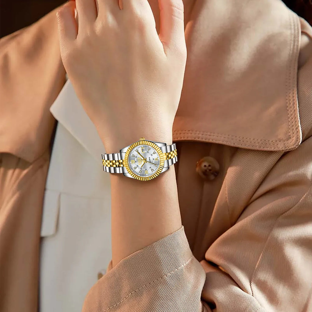 Gold and silver waterproof quartz watch for women with a 10mm thick case on a wrist.