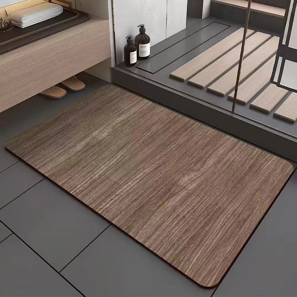 Square American wood grain pattern diatom mud bathroom floor mat on tiles.