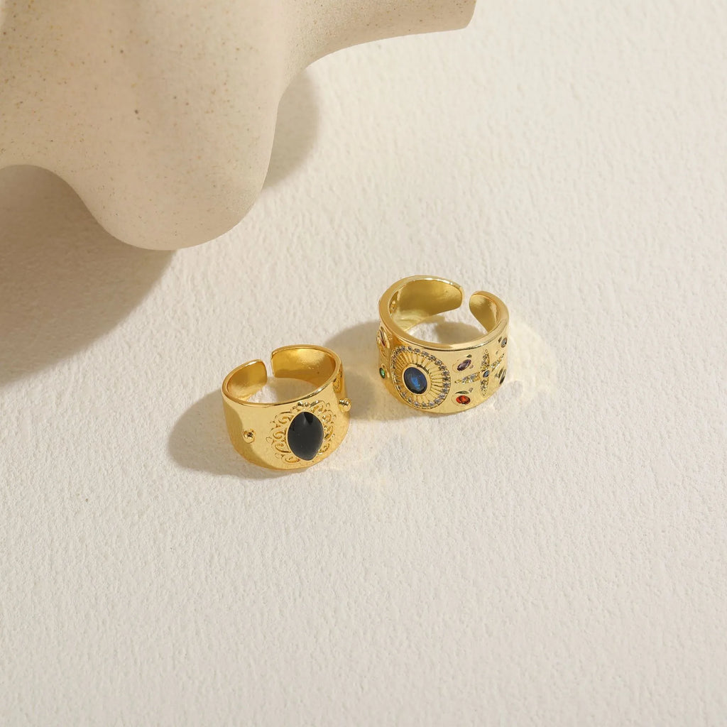 Geometric Chinese style ring with zircon stones in horse eye black colour on copper base