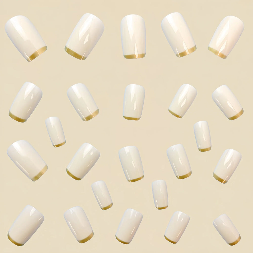 White and gold mid-length European square nail art patch set on fingers, French style manicure