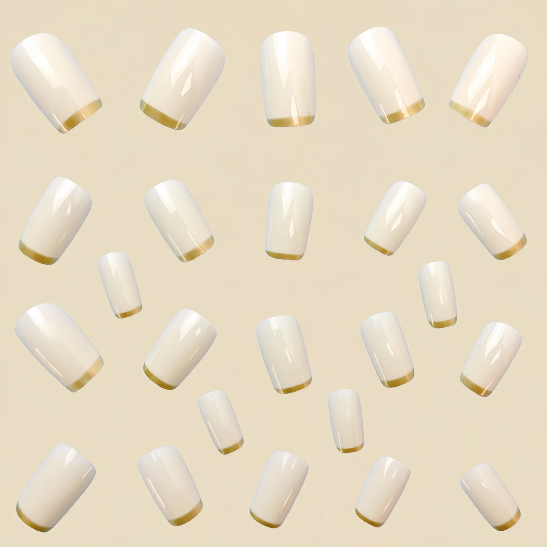 White and gold mid-length European square nail art patch set on fingers, French style manicure