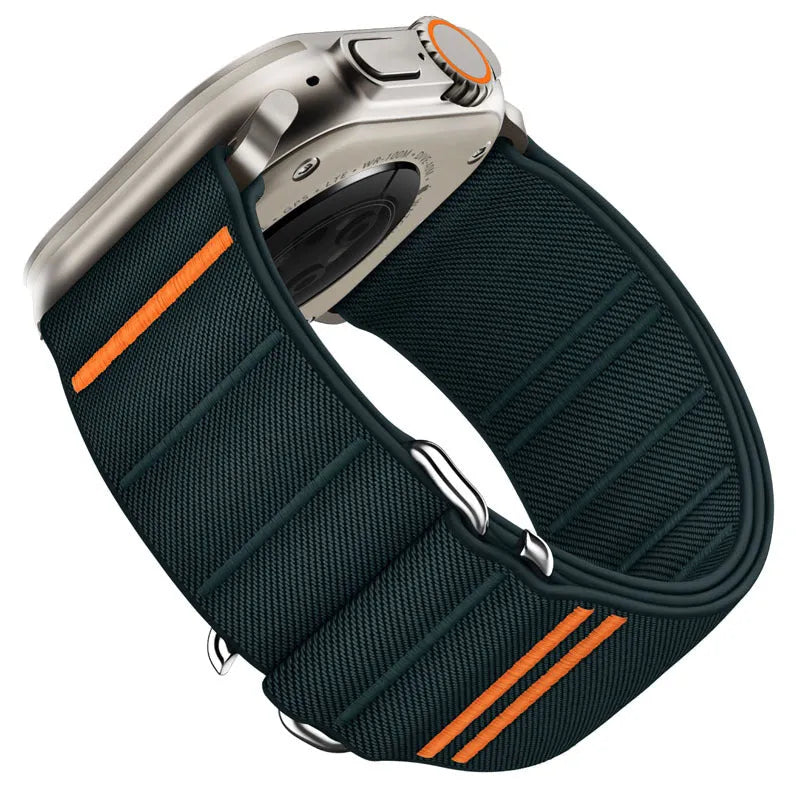 Elastic nylon Apple Watch replacement band with stainless steel buckle in various colours.