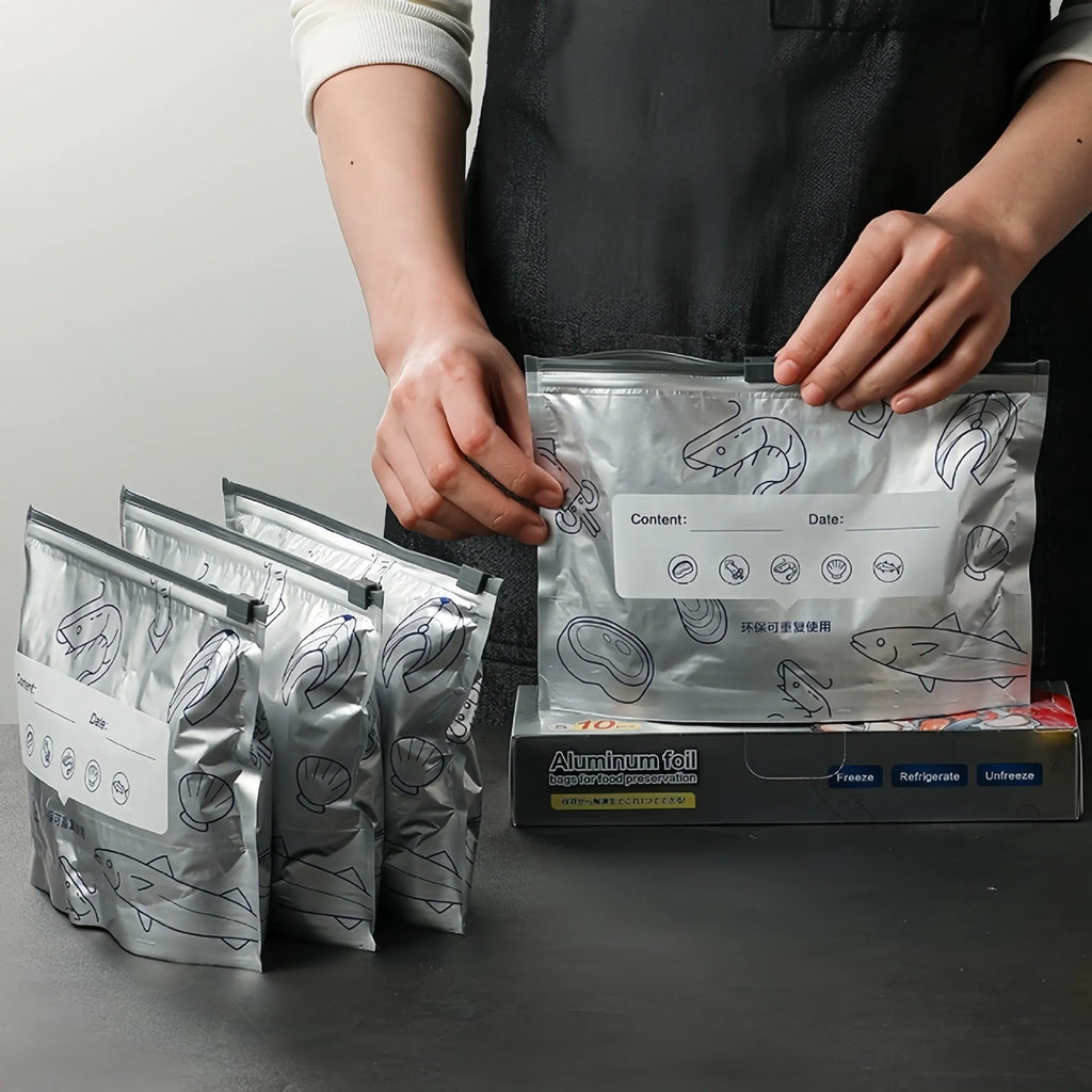 Aluminium foil fresh-keeping bags in three sizes with resealable closure for food storage