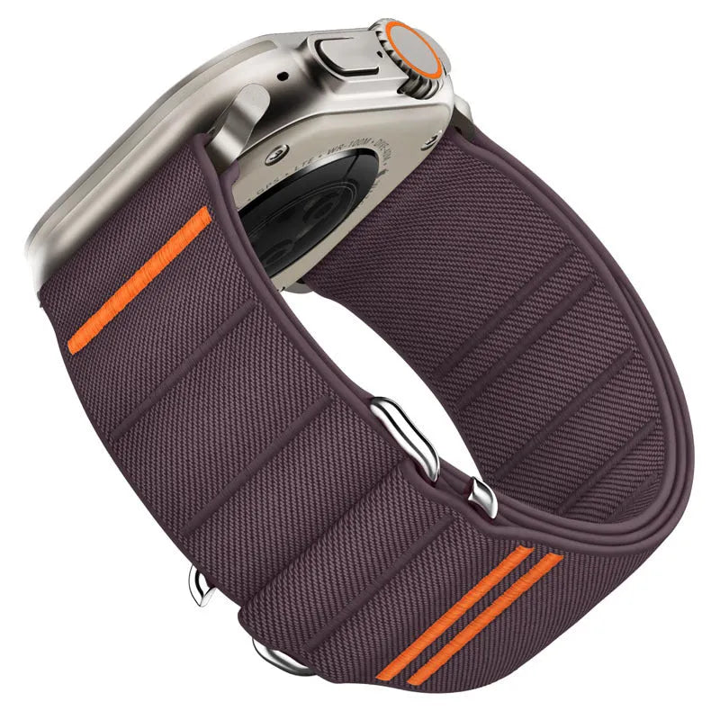 Elastic nylon Apple Watch replacement band with stainless steel buckle in various colours.
