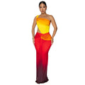Women's gradient colour cross-shoulder sleeveless dress with a high waist and long skirt.