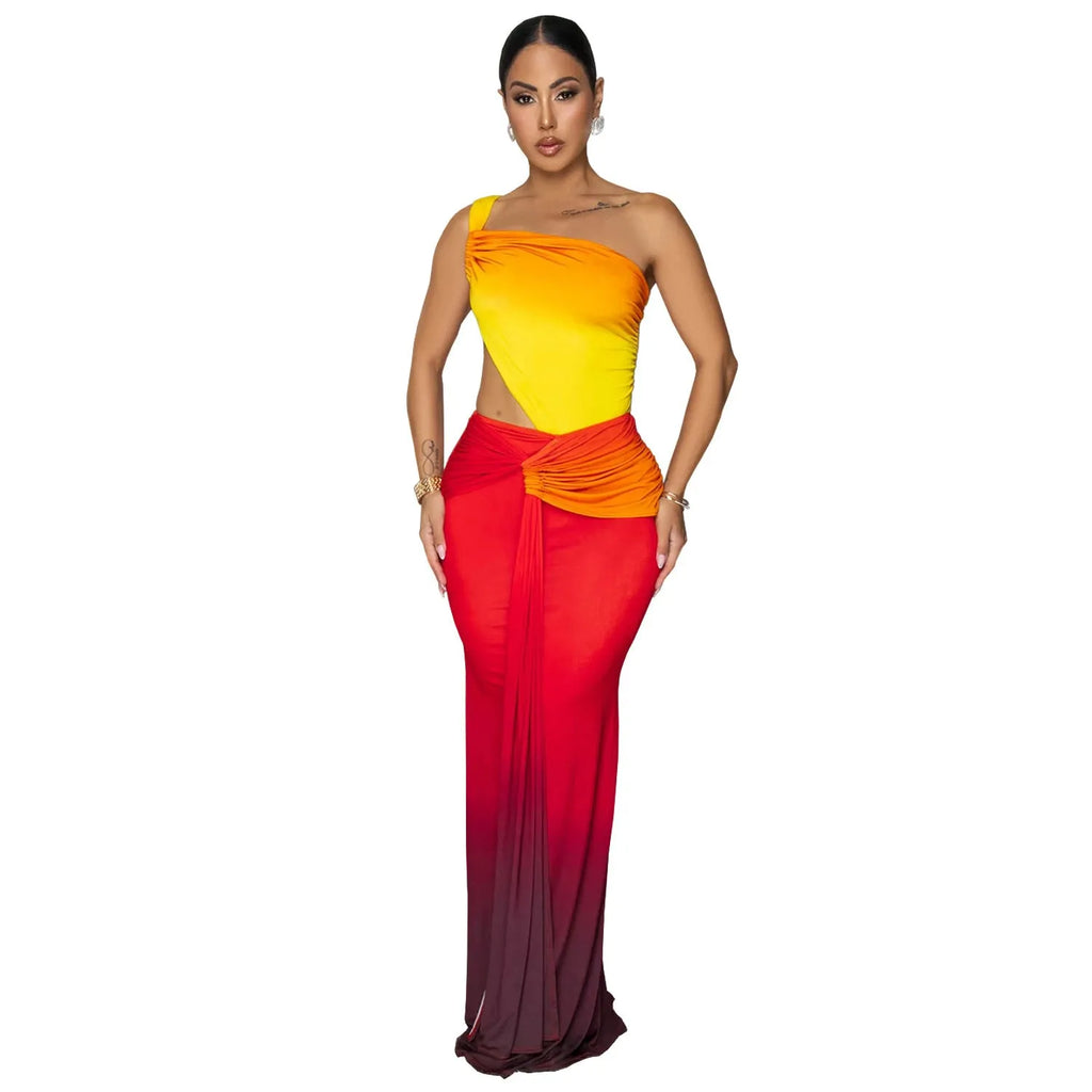 Women's gradient colour cross-shoulder summer dress in a high-waisted long skirt style.