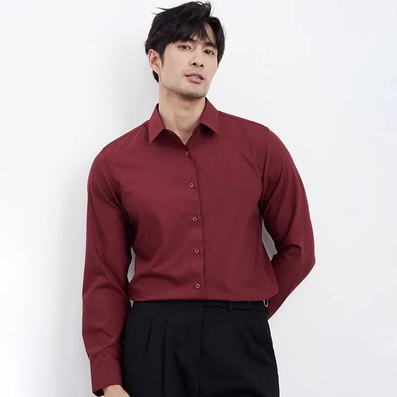 Men's wine red slim fit business casual shirt with long sleeves and cardigan styling