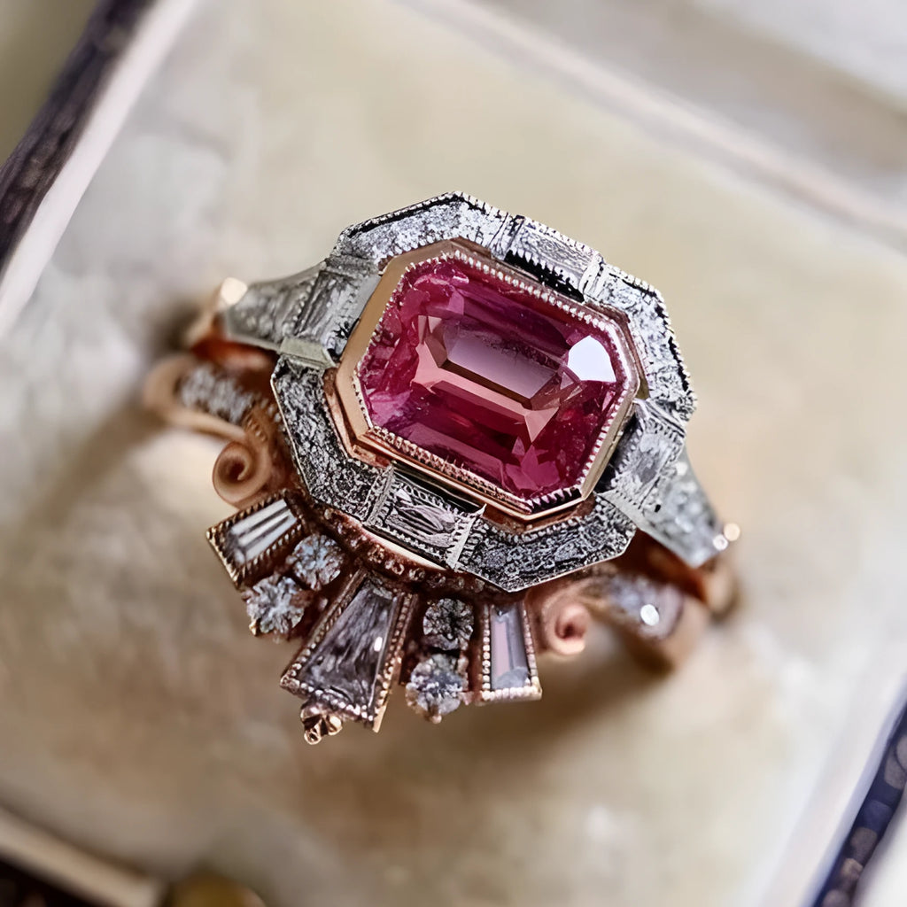 Rose gold alloy women's ring with a geometric shape and ruby-style decoration in a retro design.
