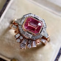 Rose gold alloy women's ring with a geometric shape and ruby-style decoration in a retro design.