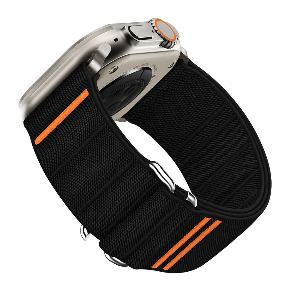 Elastic nylon Apple Watch replacement band with stainless steel buckle in various colours.