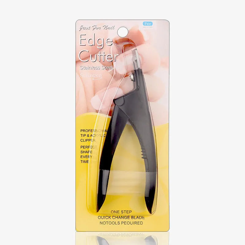 Stainless steel nail art scissors showing French U-shaped blades and available colour options.