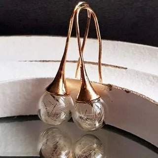 Transparent glass ball earrings with crystal dandelion seed design on silver hook