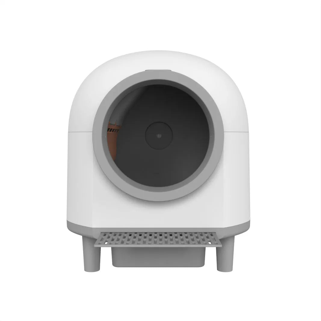 White automatic enclosed cat litter box with ABS plastic construction.