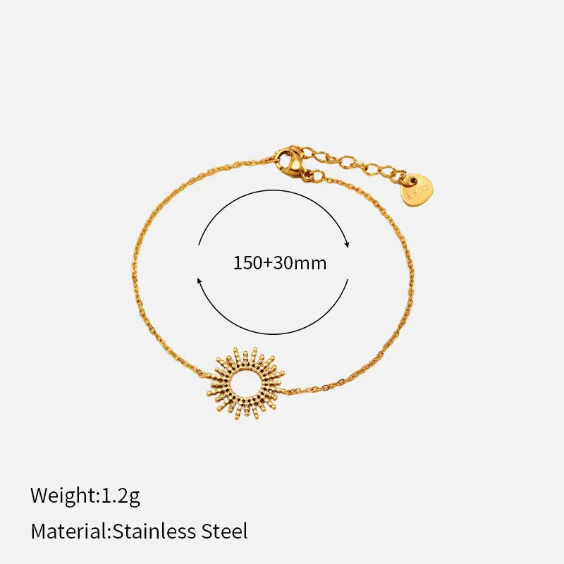 Gold-coloured SUNFLOWER Series necklace and bracelet set with chain links on a white background.