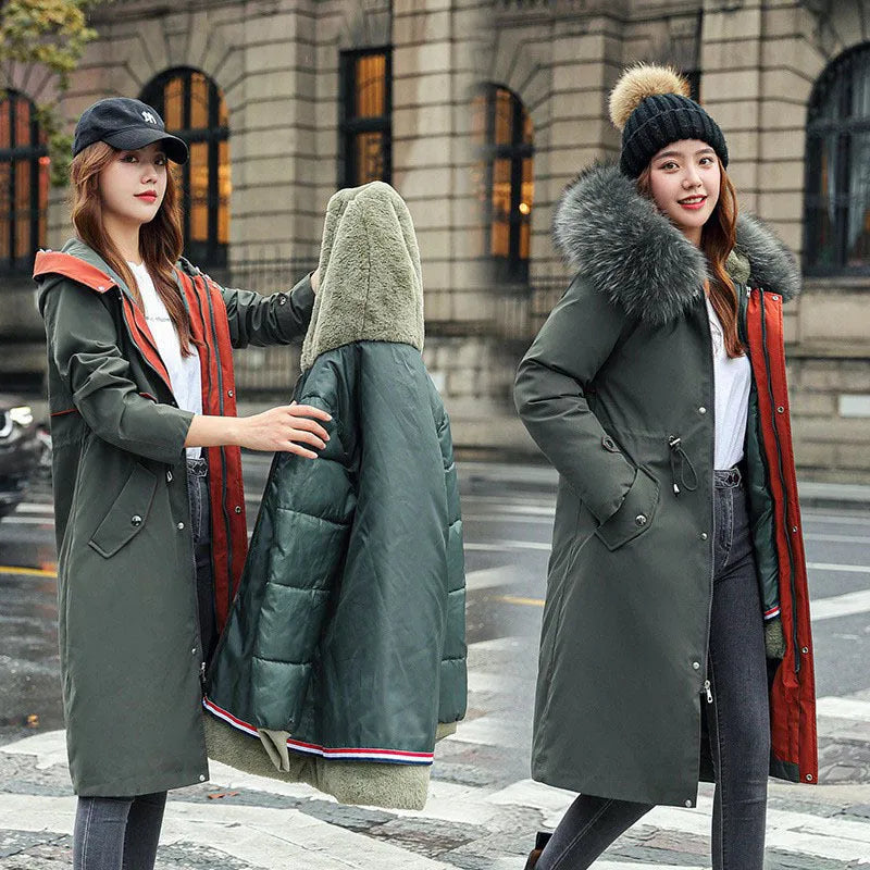 Women's long beige trench coat with a 100cm length, down cotton filler, and long sleeves shown in an elegant style.