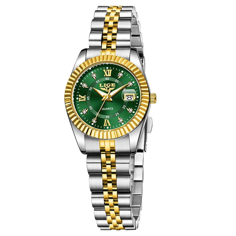 Waterproof fashion quartz watch for women with gold and silver colour options and 10mm thickness.