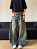 Men's retro blue distressed wide-leg jeans with micro elasticity cotton blend fabric