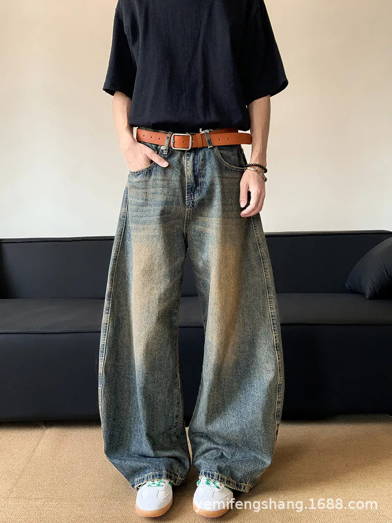 Men's retro blue distressed wide-leg jeans with micro elasticity cotton blend fabric