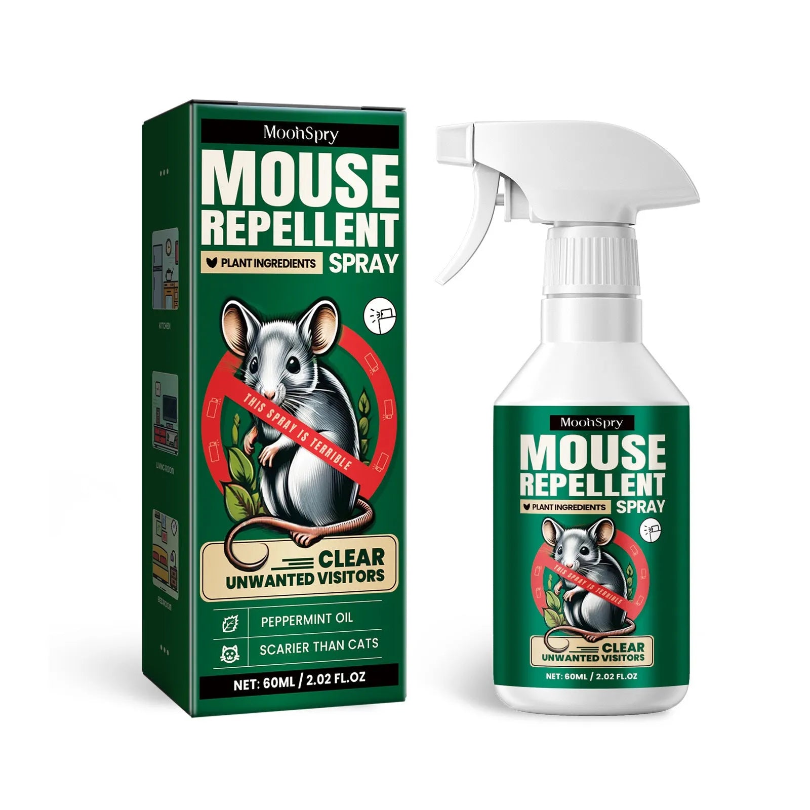 60ml bottle of natural essential oil rat repellent spray for home and outdoor use