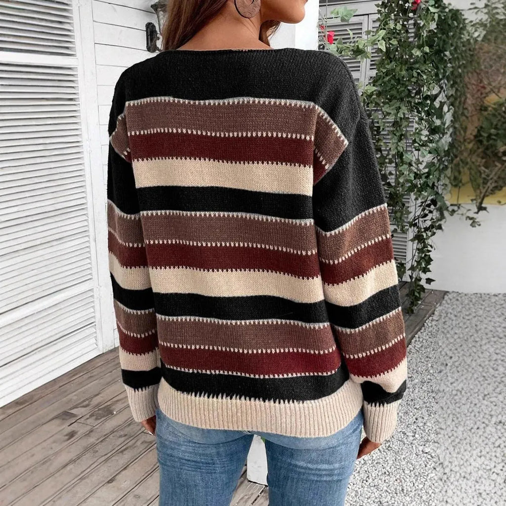 Women's colourblock striped pullover sweater in polyester fabric with long sleeves
