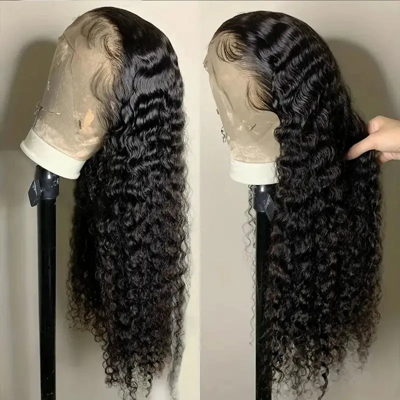 A long curly synthetic lace front wig in black on a small roll wound tube afro base.