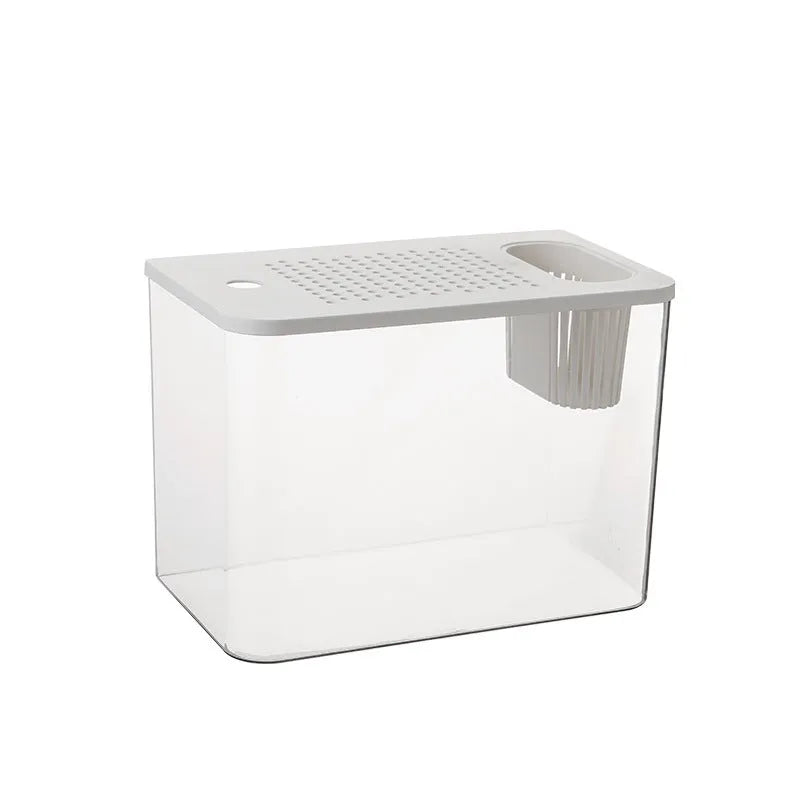 Black and white mini plastic betta fish tanks with clear covers, showing dimensions of 32cm by 18.5cm.