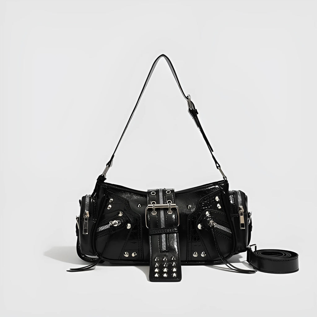 Black retro oil-wax leather shoulder bag with dumpling shape and multiple compartments