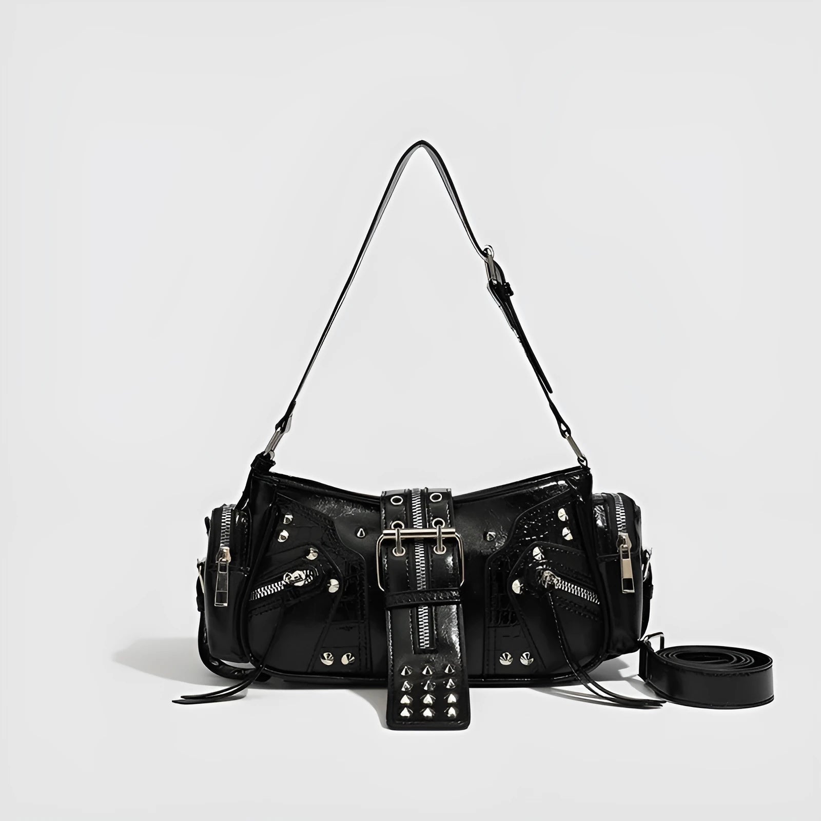 Black retro oil-wax leather shoulder bag with dumpling shape and multiple compartments