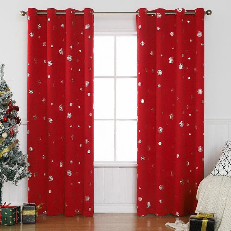 Polyester snowflake print shade curtain in red or green with modern design