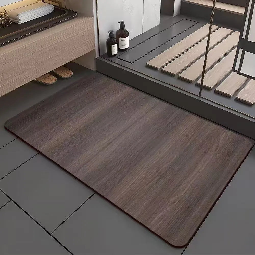 Square American wood grain pattern diatom mud bathroom floor mat on tiles.
